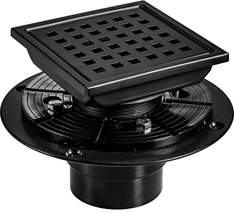 6 Inch Square Shower Floor Drain, Stainless Steel Flange with Removable Grid Cover Hair Strainer, Black