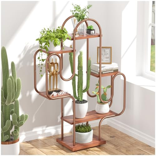 Allinside Cactus Corner Plant Stand, 6 Tiers Multipurpose Bookshelf, Heavy-Duty Metal Corner Shelf, Creative Tall Display Rack, Rustic Bookcase for Living Room, Bedroom, Home Office and Balcony