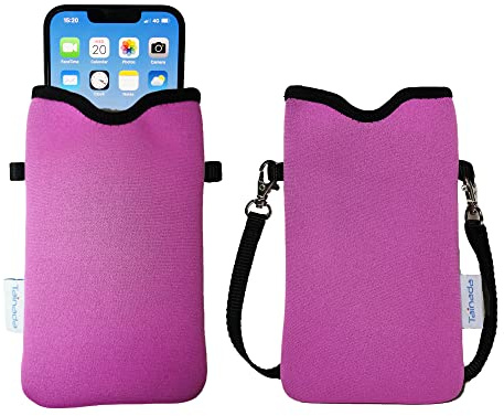 Tainada Men Women Neoprene Phone Sleeve Pouch Case Bag with Crossbody Strap/Neck Lanyard for iPhone 16/15/14 Pro Max, 16/15/14 Plus, Samsung S24+, S23, A25, A35, A54, Z Fold5, Google Pixel 9 (Pink)