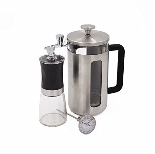 La Cafetière Pisa 8 Cup Stainless Steel Cafetière, Manual Coffee Grinder and Milk Frothing Thermometer Set