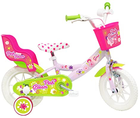 Vélo ATLAS Mädchen-Fahrrad, 12 Zoll, Pink Bloom, ausgestattet mit 1 Bremse, Korb vorne, Puppenhalter, Schutzbleche, Carter und Stabilisatoren, Pastellrosa