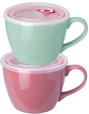BOWLLER 30oz Porcelain Bowl with Lid and Handle for Soup, Salad, Cereal and Instant Noodles, Soup Mug with Heat Preservation Handle, Turquoise Color and Pink