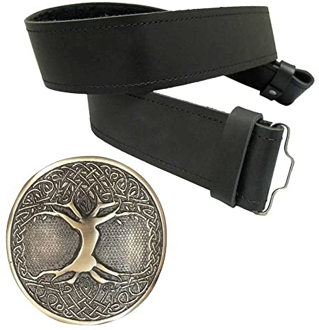 Kilt Gürtel und Schnalle Set Antik, Schottische Kilt Gürtelschnalle Klettverschluss Gürtel für Männer, Schwarze Ledergürtel Keltisch Geprägte Einfarbige Distel 2 Stück, Schwarz , L