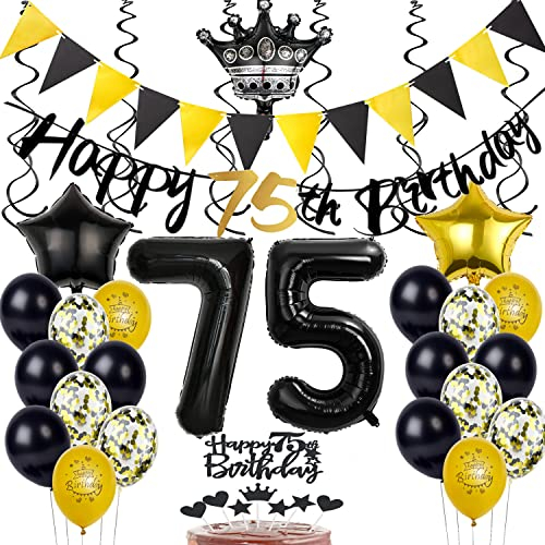 Luftballons 75 Geburtstag Deko Mann Frauen, Banner 75 Geburtstag Girlande Deko 75. Geburtstag Frau Tortendeko 75. Geburtstag Mann Schwarz Gold Geburtstagsdeko 75 jahre Mann Frau Ballons