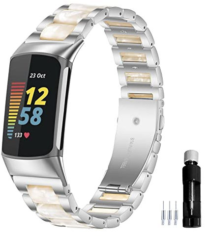 Gheper Harz Edelstahl Armband Kompatibel mit Fitbit Charge 6 / Charge 5 Smartwatch Armbändern Ersatz Metallarmband für Damen und Herren