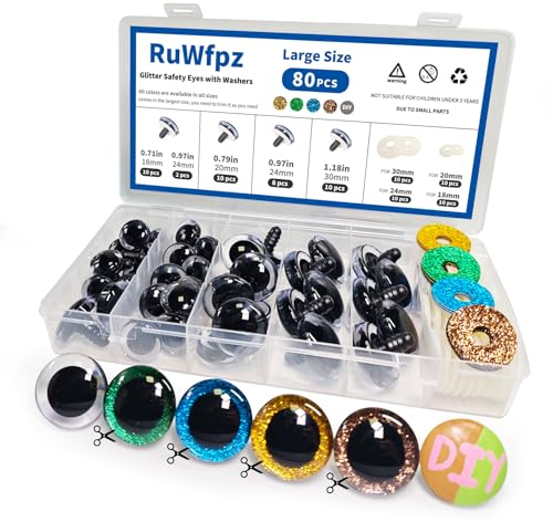 RuWfpz Yeux de Securite Amigurumi Paillettes 18-30 mm - 4 Couleurs Yeux de Sécurité Crochet Poupée en Plastique, Oeil Yeux pour Peluche Amigurumi, 80pcs Bouton Yeux a Coudre Animaux