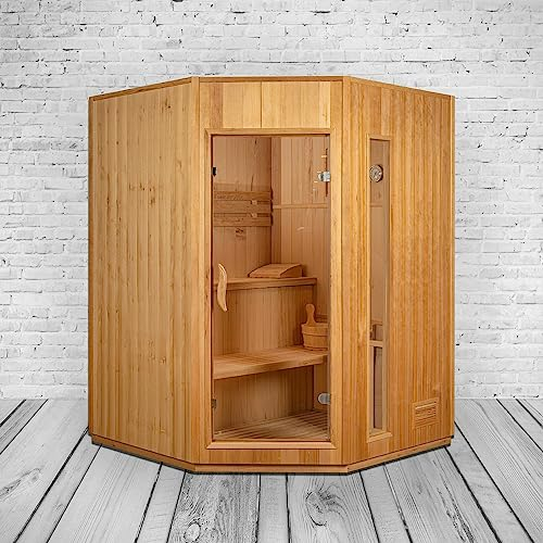 trends4cents PureHaven Finnische Sauna 150x150x200 cm Harvia Saunaofen für 3 Personen Hemlockholz komplettes Zubehör Saunasteine Glastür Thermometer Beleuchtung