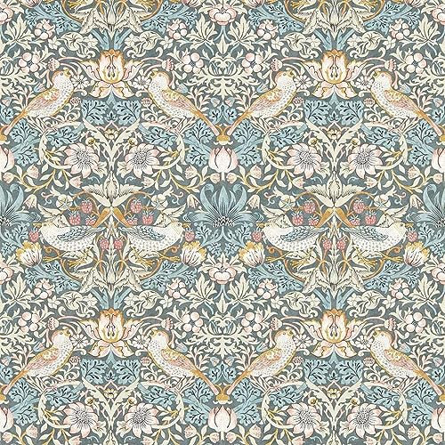 Strawberry Thief Wallpaper - Slate/Blush, Blue, White - Floral Birds Flowers - Classic Paste The Wall Non-Woven