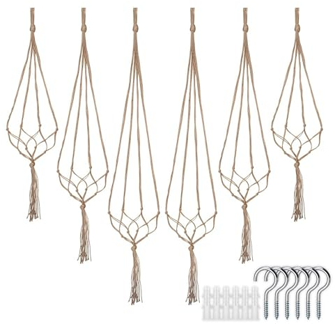Lang Horn Macrame Plant Hangers, Jute Rope Hanging Planter Basket Plant Pot Hanging Plants Holder with Hanging Hooks for Indoor Outdoor Garden Home Decor (6 Pc Set)