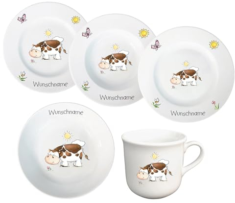 Kindergeschirr Kinderservice 5-tlg. Kinder Service Set aus Porzellan Teller Becher Schale personalisierbar mit Wunschname Name Kindergeschirr mit Namen personalisiert (Kuh)
