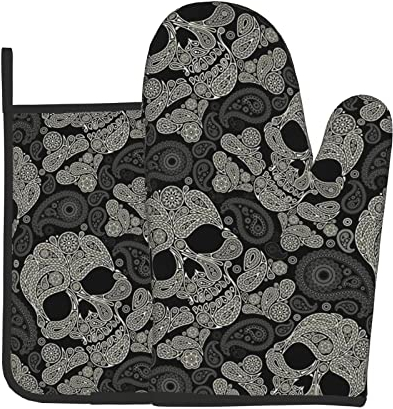 Ofenhandschuhe und Topflappen mit Totenkopf-Motiv, hitzebeständig, wasserdicht, zum Backen, Kochen, Grillen, 2 Stück