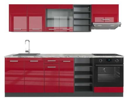 Vicco Küchenzeile R-Line, Rot Hochglanz/Anthrazit, 240 cm | 10 Module · Höhenverstellbare Füße · Arbeitsplatte Marmor · Robuste Fronten · Mit Herdumbauschrank · Frei kombinierbar