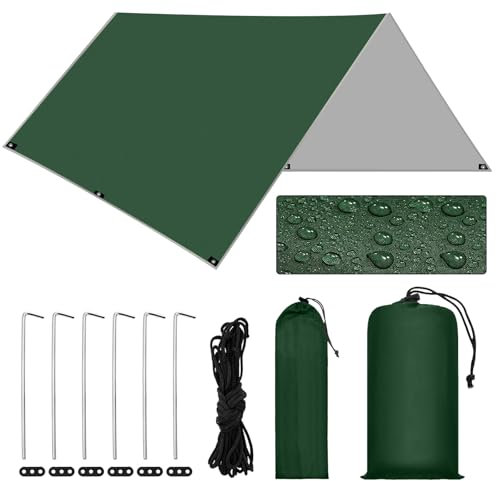 GLINKADO 3x3M Camping Bâche, Tarp Ultra Léger, Tarp Bivouac Anti UV Ripstop, avec Oeillets, 6 Piquets en alu, 6 Cordes, pour Bivouac, Randonnée, Trekking, Hamac, Auvent Van Fourgon
