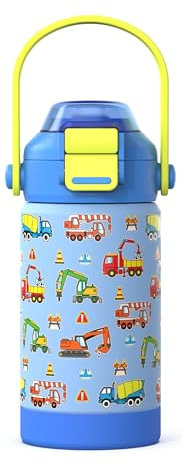 Kiocko Trinkflasche Kinder Edelstahl mit Pop-Open Strohhalm & Spout 2-in-1 Lid.Thermosflasche 350ml BPA Frei - Auslaufsicher - Thermo Wasserflasche für Schule, Kindergarten(Konstruktion)