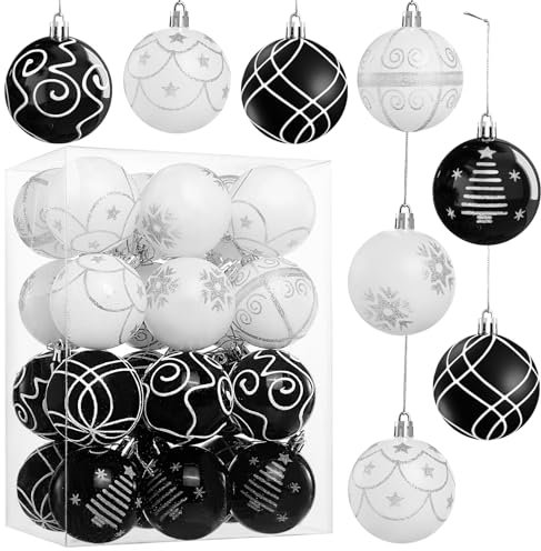 LIHAO 24 Stück Weihnachtskugeln Schwarz und weiß 6 cm Silber Kunststoff Baumkugeln Christbaumkugel Christbaumschmuck Ornamente Weihnachten Deko