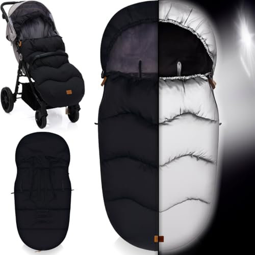 Winterfußsack reflektierend mit Microvelour Wassersäule 8000mm universal Fußsack für Kinderwagen Buggy Jogger Kinderwagenfußsack 6 bis 36 Monate (REFLECT Schwarz)