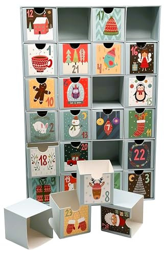 Bambelaa! Adventskalender aus robustem Karton und Kunststoff 24 Fächer zum Befüllen Weihnachtsdeko für Kinder Erwachsene DIY Advent Deko festliche Weihnachtsdekoration ca. 38,5x26x6,5cm (Mehrfarbig)