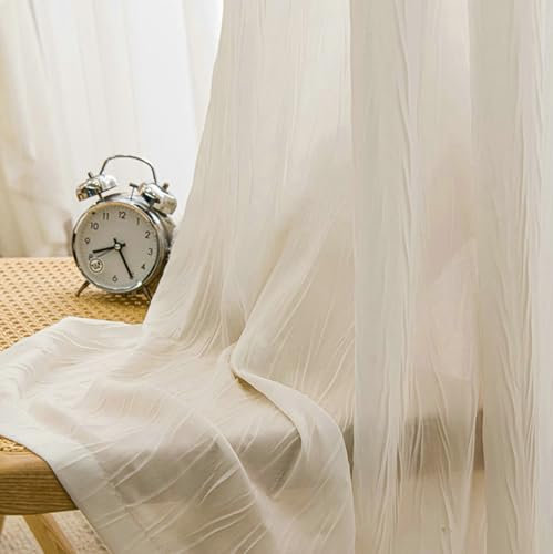 BCughia 2er Set Vorhänge, Gardinen Lichtdurchlässig Einfarbig Plissee Struktur Vorhänge Wohnzimmer H 244 x B 132 cm, Weiß