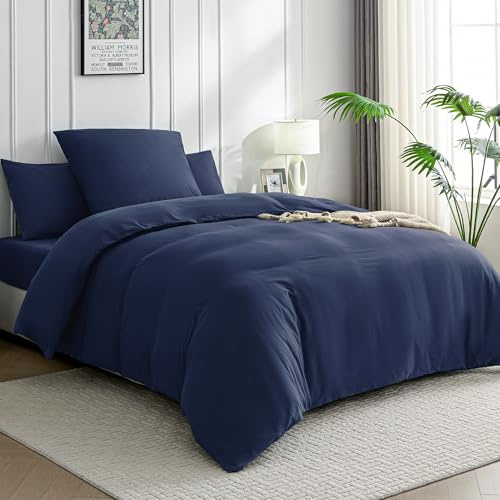 JELLYMONI Bettwäsche 155x220 Baumwolle Marineblau Bettwäsche-Sets Oeko-Tex 100% Gewaschene Baumwolle Bettbezug mit Reißverschluss und Kissenbezug 80X80 mit Umschlag Weich 2-Teilig