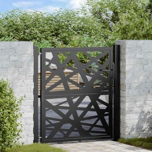 Homgoday Garden Gate, Black Steel Light Design 105x106 cm, Full Privacy Metal Safety Outdoor for Garden Fence