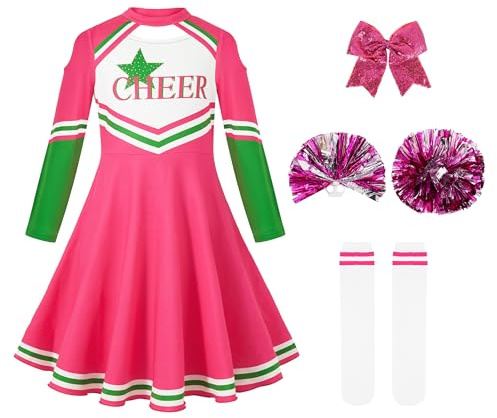 LOLANTA Costume da Cheerleader per Bambini, Vestito da Cheerleader a Maniche Lunghe per Ragazze con Pompon e Calzini, Carnevale o Evento Sportivo