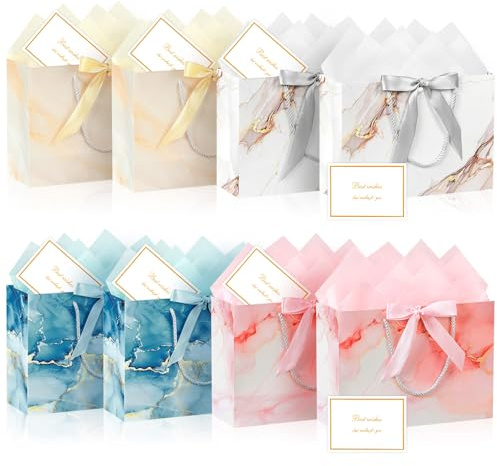 Bblike Lot de 8 sacs cadeaux avec rubans, 8 sacs cadeaux en papier Sydney marbrés, pour mariage, 8 cartes de vœux, pour anniversaire, fête des mères, anniversaire de mariage