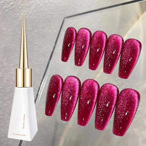 Cat Eye Gel Nail Polish, Glitter Red Shimmering Magnetic with Jelly Shine, Highly Pigmented Soak Off UV/LED Red Gel for Art Salon DIY at Home