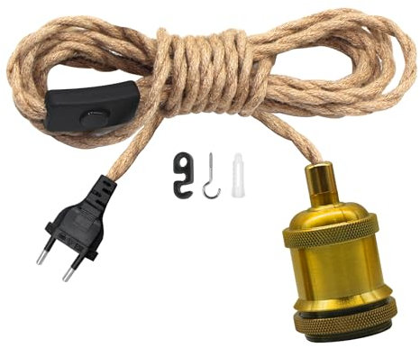 510CM Kit de Lámpara Colgante de Cuerda de Cáñamo, Latón Antiguo Metal E26 E27 Portalámparas Colgante, Cáñamo Lámparas de Techo con Enchufe y Interruptor, DIY Candelabro Colgante Lámpara