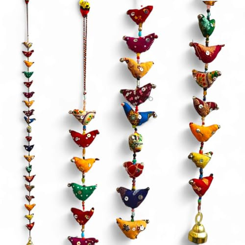 20 Bird Bell Ornament Ethnic Kalamkari Multi colour Hand Sewn Door Hanging Decorative 20 Birds Stringed Together with Beads and Brass Bell That Chimes Sweet Sound 94 Centimeters