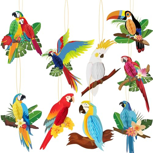 LMSHOWOWO 9PCS Tropical Birds Honeycomb Paper Cutouts, Parrot Hawaiian Summer Beach Tiki Bar Luau Party Hanging Decorations, for Hawaiian Party Decorations Accessories Rainforest Parrot Decoration
