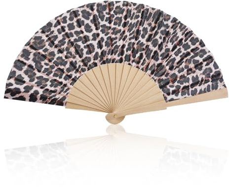Folding Fan - Leopard Print Folding Fan, Leopard Print Gifts, Handheld Wooden Fans with Wild Animal Prints, Stylish Hand-Held Fans for Women Girls, Summer Clack Hand Fans for Disco Party Beach Dancing