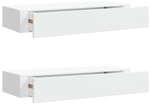 SDWEHO7 Wandregale mit Schubladen 2 STK, Nachtschrank Wandmontage, Schwebende Aufbewahrungstruhe für Schlafzimmer, Wohnzimmer, Büro, Weiß 60x23,5x10 cm MDF