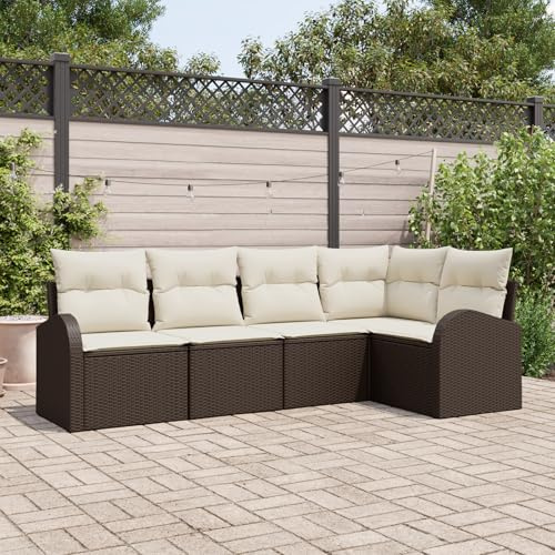 WEMYUFURN Garten Ecksofa Set 5-Sitzer Rattan-Look mit bequemen wasserfesten Polyester-Kissen in Beige und Braun für Terrasse Balkon