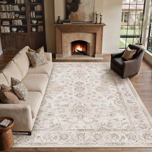 PureCozy Beige Teppich Wohnzimmer 300x400cm Waschbarer Cream Teppiche | Weicher Kurzflor, Rutschfest, Pflegeleicht, Vintage Carpet, Schlafzimmer, Esszimmer, Büro ,Kinderzimmer
