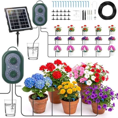 Axrye Sistema de Riego Solar para Jardín, Kit Riego Por Goteo Autorriego con Temporizador para 15 Macetas, Riego por Goteo Automatico para Interior Exterior Jardín Terraza Balcone Plantas Verdura