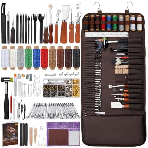 Leder Werkzeug Set, Lederverarbeitung Leder Nähen Set NäHnadeln Set | Lederschnitzwerkzeuge Krappenstanzwerkzeuge, Mit Aufbewahrungstasche Lederbearbeitung für Lederarbeiten Handnähen