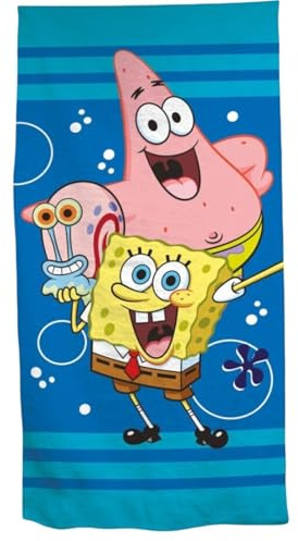 Aymax Spongebob Schwammkopf Mikrofaser Badetuch XL 70x140 cm – Strandtuch & Duschtuch mit Spongebob, Patrick & Gary Motiv – schnelltrocknend, leicht & platzsparend