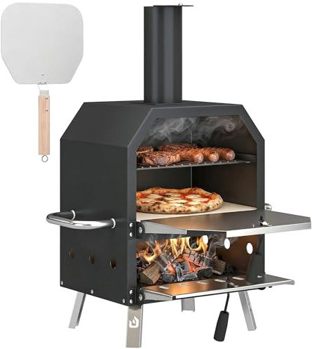 Outsunny Horno de pizza para exteriores de madera, horno de acero inoxidable, 2 niveles, con piedra de 1 cm de grosor, apertura de aire, pata plegable, pala para pizza, asa, estufa de leña, estufa de