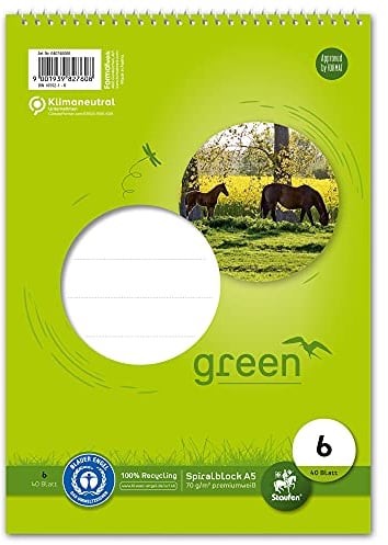 Staufen Green Spiralblock - DIN A5, Lineatur 6 (blanko), 40 Blatt, premiumweißes 70g/m² Recyclingpapier, 1 Stück