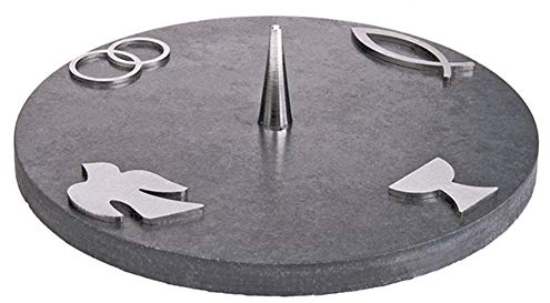 FRITZ COX Steinteller mit 4 Symbolen | Kerzenständer SAKRAMENTE | christliche Symbole | Kerzenleuchter mit christlichen Symbolen | 15cm (Schieferoptik)
