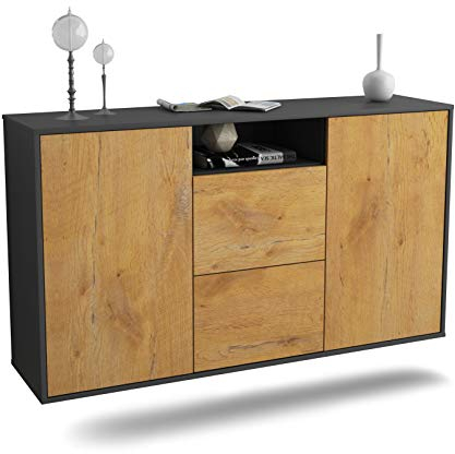 Sideboard Dayton hängend (136x77x35cm) Korpus anthrazit matt - Front Holz-Design Eiche - Push to Open