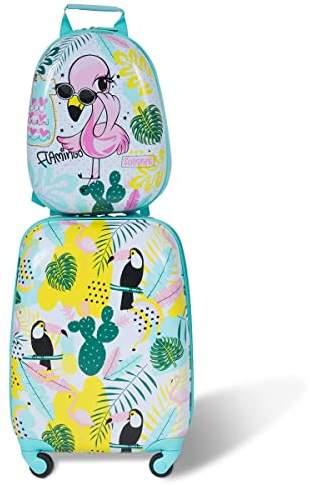 COSTWAY Valise Enfants à roulettes 16’’ & Sac à Dos 12’’ avec Poignée Télescopique, Bagage Enfants avec Motif Flamants, 4 Roues Rotatives, Lot de 2 Valise pour Fille Garçon