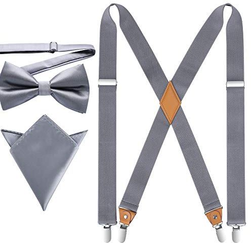HISDERN Hosenträger für Herren X Form mit sehr Starken 4 Metall Clip Elastisch und Längenverstellbar Hosenträger und Fliege mit Einsteckuch Set