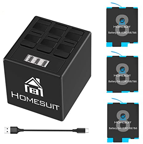 Homesuit Hero 8 Akku 1500mAh und 3-Kanal LCD USB Ladegerät für Gopro Hero 8 7 6 5 Black (3er-Pack)