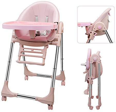OUNUO Baby Hochstuhl Vertehllbar und Klappbar kinderhochstuhl mitwachsend Kindersitz Kinderstuhl mit Sicherheitsgurt 6 Monaten bis 6 Jahre PU Leder Kissen (Rosa)