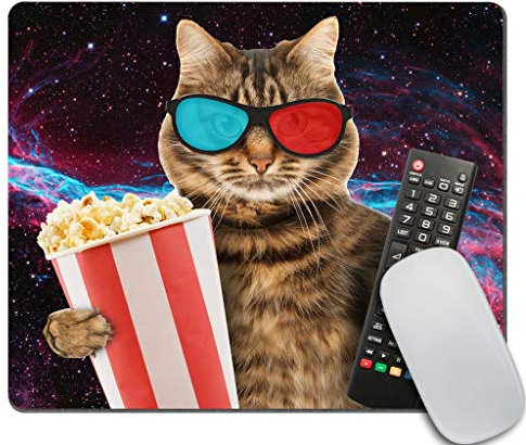 Amcove Lustige Katze in der 3D-Brille mit Popcornkorb, rutschfestes Gummi-Gaming-Mauspad, rechteckig, Mauspads für Computer, Laptop, Katze, Schreibtischzubehör