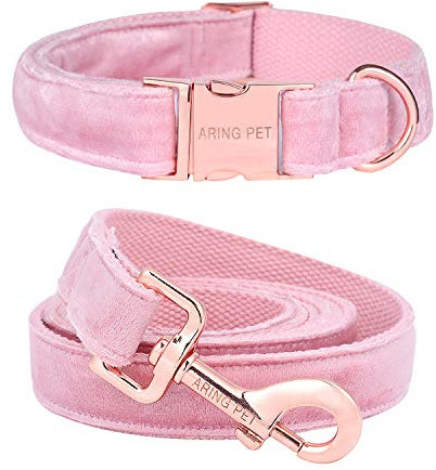 ARING PET Pink Dog Collar and Lead, Velvet Collar and Leash Set, Comfortable Collar and Lead with Adjustable Metal Buckle for Boys&Girls Dogs, Medium