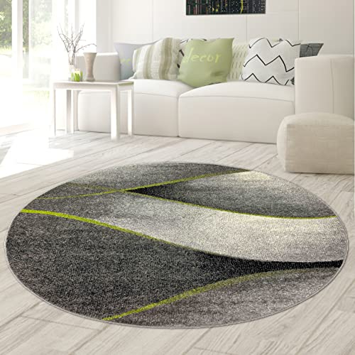 Teppich-Traum Runder moderner Dekoteppich Wellen Design in grün grau anthrazit - pflegeleicht Größe 160 cm rund