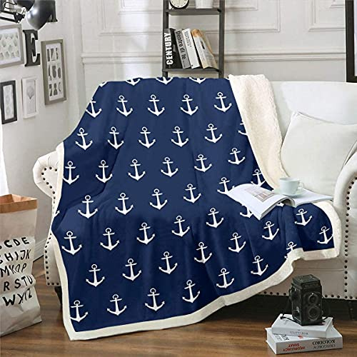 Homemissing Ocean Nautische Plüschdecke, Anker, bedruckte Sherpa-Decke für Kinder und Erwachsene, Meeresabenteuer, Surfen, Fleece-Überwurf, weich, Marineblau, Doppelbett, 152,4 x 200,9 cm