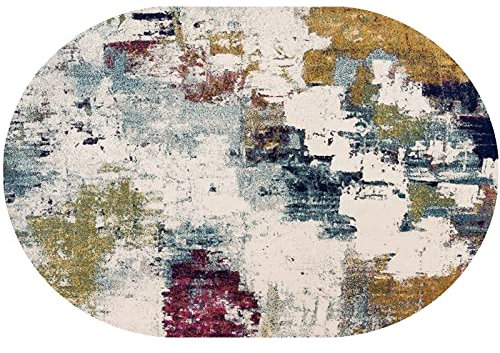 Rururug Teppich Kurzflor Schlafzimmer Dekoration Kinderzimmer Wohnzimmer Krabbelmatte Kinderteppich Indoor Outdoor,Abstraktes mehrfarbiges rotes gelbes grünes blaues Weiß,Oval 140 x 180 cm